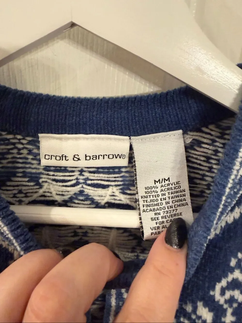 Croft & Barrow Blue & White Nordic Silver Buckle Cardigan Sweater sz M EUC